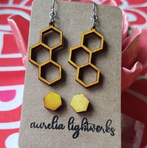 Hand-crafted honeycomb wood earrings